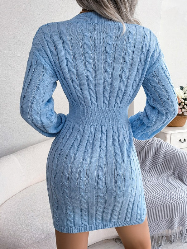 New Women Spring Autumn V-Neck Solid Color Knitting Long Sleeves Closing Waist Pullover Midi Sweater Lady Dress High Quality Sof