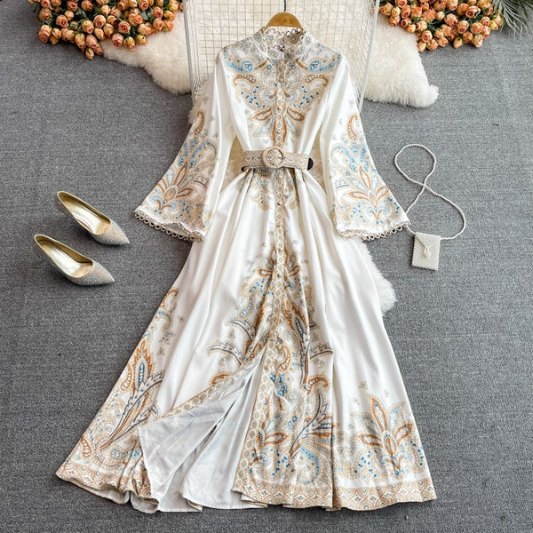 Spring Autumn Women's Dress Vintage Long Sleeve Print Floral High Waist Boho Party Maxi Vestidos Elegant Luxury Long Dresses