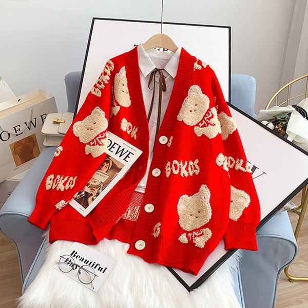 Casual Cardigans Women Japanese Cartoon Embroidery Winter Design Sense Niche Sweet Cool Loose Knit Sweater y2k clothes