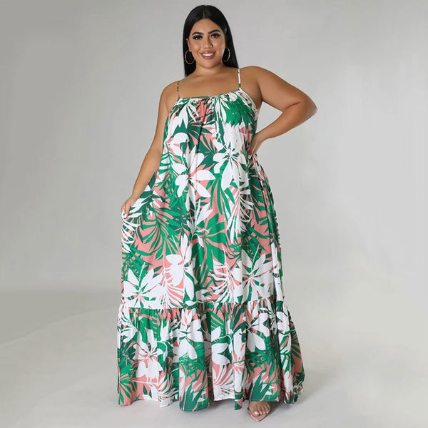 CM.YAYA Women Plus Size Autumn Spaghetti Strap Ruffles Hem Loose Maxi Long Floral Leaf Print Dresses Fashion Party Slim Dress