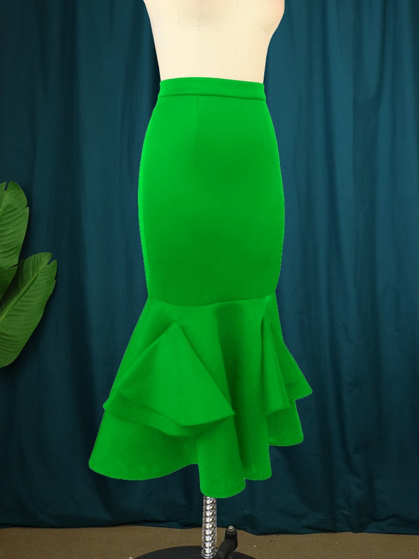 AOMEI Mermaid Green Skirt High Waist Elegant Slim Ruffles Classy Saia's Japes Falajs