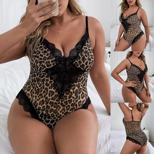 Leopard Print Bodysuit One-piece Spaghetti Strap Sleeveless V-neck Lace Hollow Out Sexy Lingerie Plus Size Slim Body Top