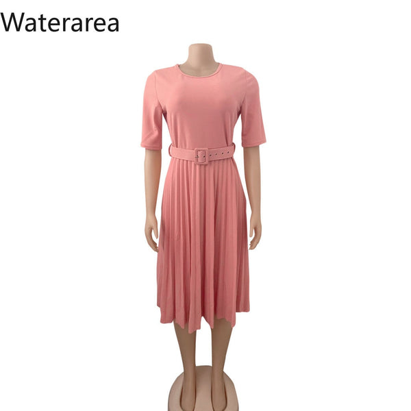 New Women O-Neck Half Sleeve Solid Color Office LadyTall Waist Mid-Calf Length Pleated Dresses D028