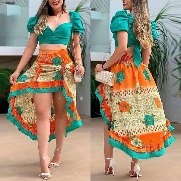 Casual suit full-print puff sleeve cropped top with skirt suit