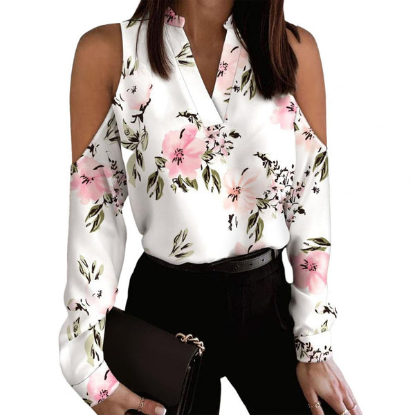 Women Autumn Shirt V Neck Off Shoulder Long Sleeves Soft Hollow Out Lady Blouse Tops