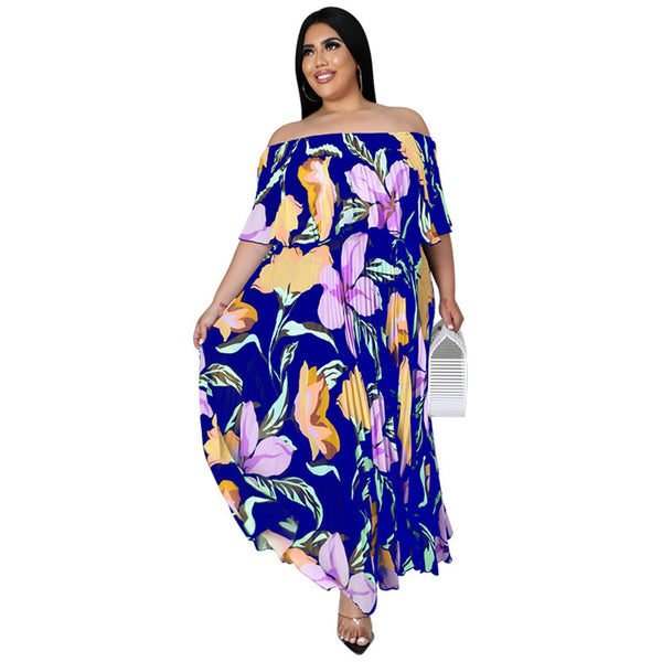 Wmstar Plus Size Dress Women 5xl Off Shoulder Flower Print Elastic Waist Party Pleated Maxi Dress Summer Wholesale Dropshipping