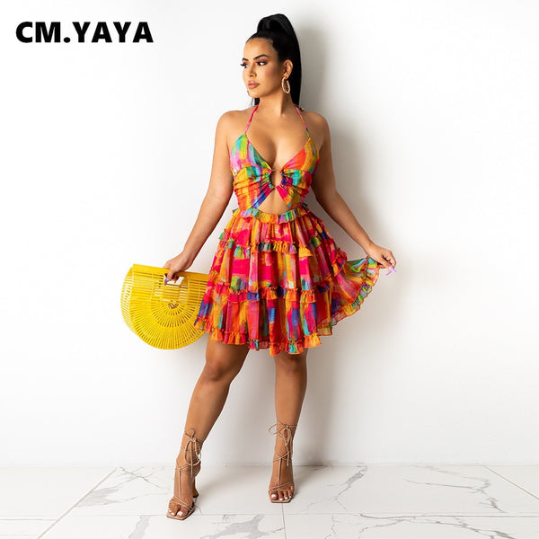 CM.YAYA Dress Sleeveless Strap Bandage Print V-Neck Pleated Fashion Streetwear Summer Bohol Sexy skims dress