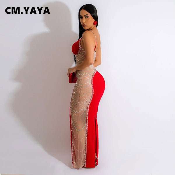 CM.YAYA One Shoulder Sleeveless Mesh Patchwork Diamonds Maxi Long Dress INS Club Evening Sexy Party Dress Vestidos