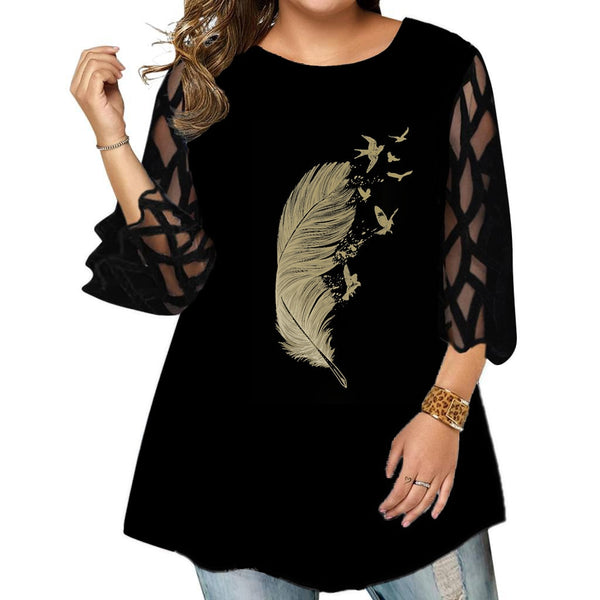 Plus Size Woman Blouses Fashion Summer Mesh See Through Sleeve Floral Print Casual Tee Shirt Big Size Ladies Tops