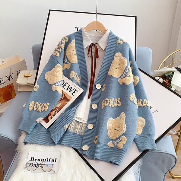 Casual Cardigan Women Japanese Cartoon Embroidery Winter Design Sense Niche Sweet Cool Loose Knit Sweater y2k clothes