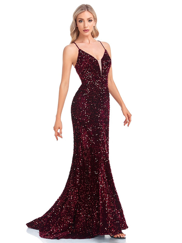 Lucy-in-love Luxury Deep V Neck Burgundy Sequin Evening Dress Wedding Party Maxi Dress Mermaid Long Prom Dress