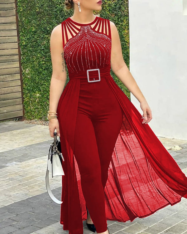 Summer Women's Sexy Round Neck Rhinestone Sheer Mesh Sleeveless Jumpsuit with Belt New Fashion Rompers Jumpsuit