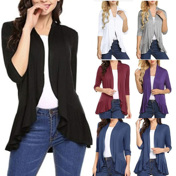 Women's Cardigan Spring Summer Autumn Clothing Solid Color Slim Top Ruffle Hem Three Quarter Sleeve Thin Simple Coat