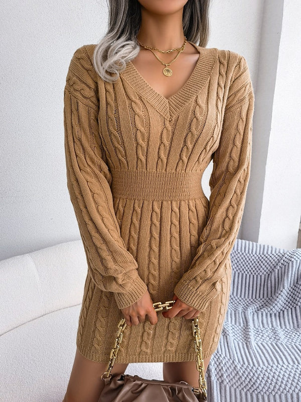 New Women Spring Autumn V-Neck Solid Color Knitting Long Sleeves Closing Waist Pullover Midi Sweater Lady Dress High Quality Sof