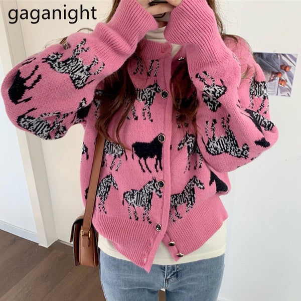 Gaganight Loose Knitted Cardigan Women Sweater Animal Print Top Long Sleeved  Autumn Winter Cute O Neck Zebra Jacquard Cardigans