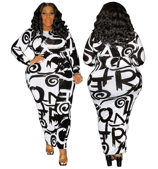 Perl Letter Musical Note Printed Maxi Dress Full Sleeve Fashion Outfit Curved Plus Size Women's Clothing Spring Wear 4XL 5XL