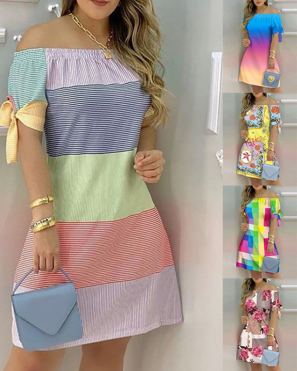 Off Shoulder Mini summer Dress Sexy Short Sleeve Bow Tie Striped Floral Print Casual Loose Dress