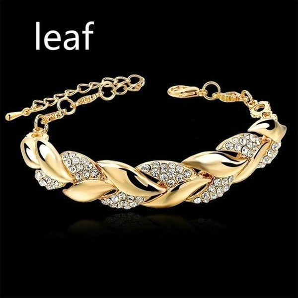 Bohemian Style Women Gold Bracelet Rhinestone Leaves Chain Bangle Luxury Gold Braided Wedding Jewelry Christmas Gift Jewelry