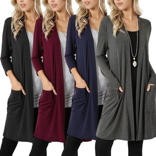 Cardigan Long Sleeve Simple Coat Female Spring Autumn Wear Black Grey Blue Red Solid Color Cotton Clothes