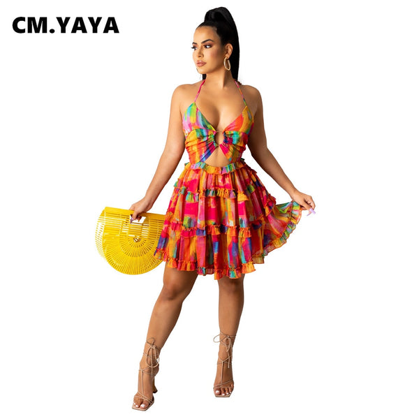 CM.YAYA Dress Sleeveless Strap Bandage Print V-Neck Pleated Fashion Streetwear Summer Bohol Sexy skims dress