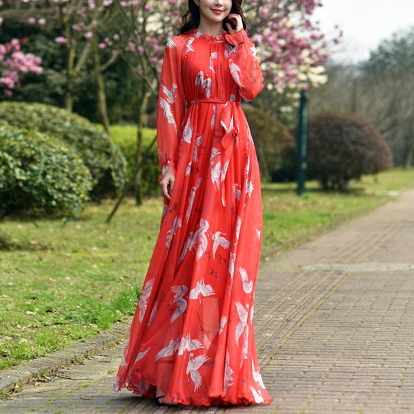 Boho Red Print Chiffon Beach Maxi Dress A Line Fashion Long Sleeve Women Dress Elegant Party Travel photo photography