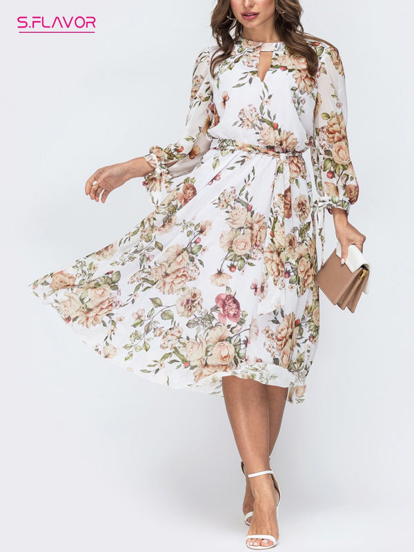 S.FLAVOR Women's Floral Print Casual Dress Elegant 3/4 Sleeve Chiffon Midi Dresses Bohemian Style Beach Vestidos