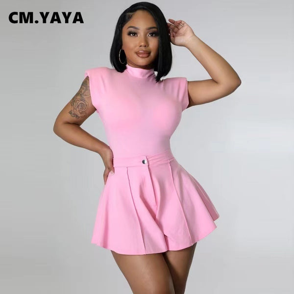 CM.YAYA Elegant Active Women's Set Bodysuit and Flare Shorts Fashion Chic Tracksuit Two Piece Set Fitness Outfit Sweat suit