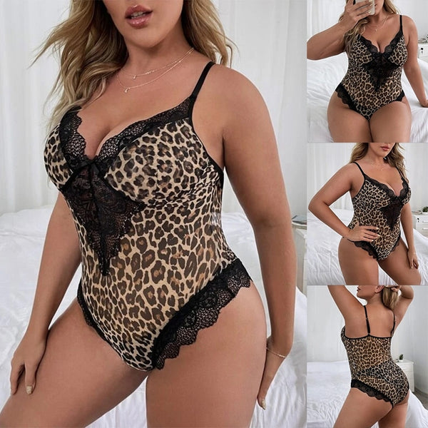 Leopard Print Bodysuit One-piece Spaghetti Strap Sleeveless V-neck Lace Hollow Out Sexy Lingerie Plus Size Slim Body Top