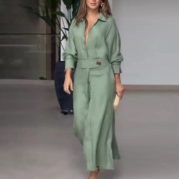 Fashion Solid Women's Dress With Slit Casual V Neck Lapel Full Sleeve With Pockets Long Skirt Spring Lady Streetwear Dress