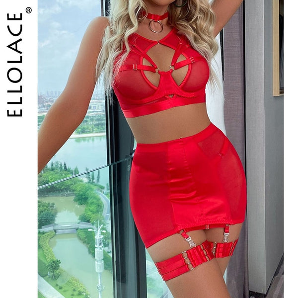 Ellolace Red Lingerie 5-Piece Fancy Underwear Sexy Women Uncensored Transparent Bra Garters Briefs Sets Bandage Sex Outfits