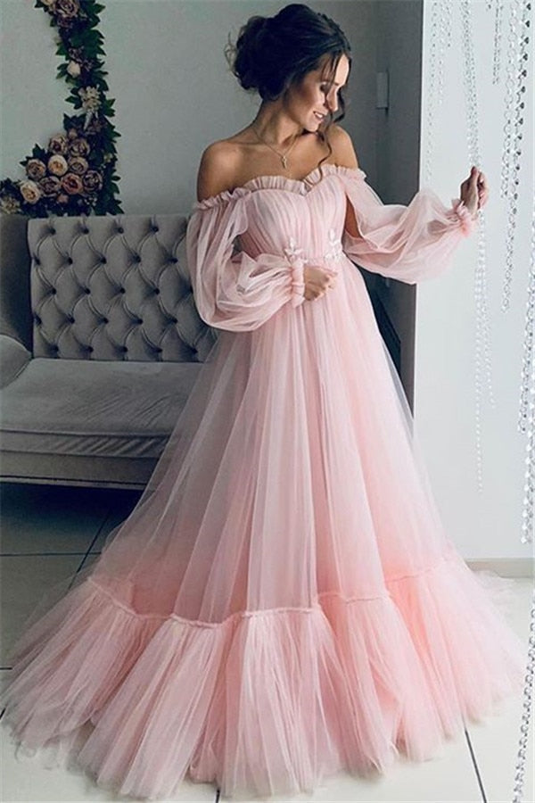 Women Solid Color Long Dress, Off Shoulder Mesh Patchwork Long Sleeve Formal Dress Banquet Wedding Prom Dress