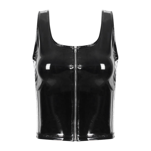 Womens Fashion Zipper Patent Leather Tank Top Wet Look Rave Festival Outfit U Neck Sleeveless Vest for Club Pole Dancing