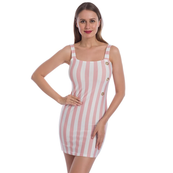 Retro Dress Summer Vertical Striped Dress Button Suspenders Sexy Elegant Sleeveless Mini Dress