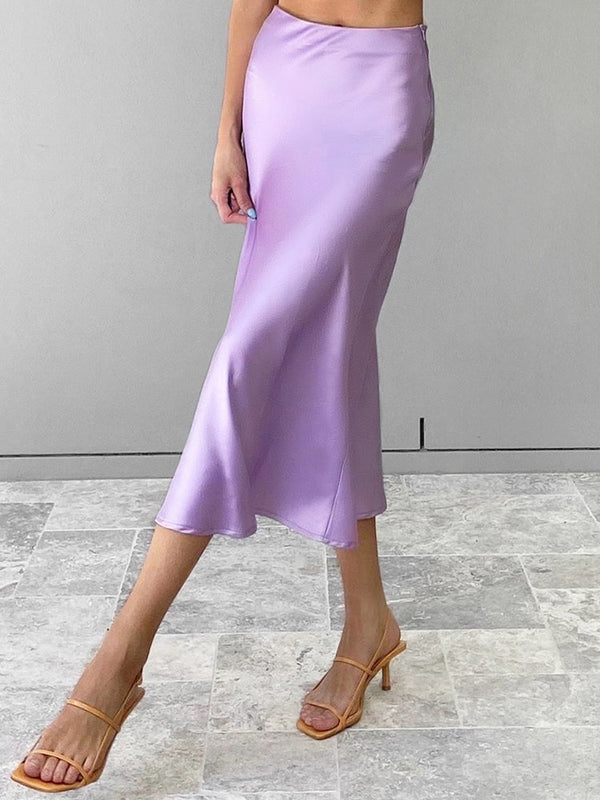 Restve Casual Women High Waisted Long Skirt Purple Satin Office Ladies Elegant Skirts Solid Silk Midi Skirt Spring Summer