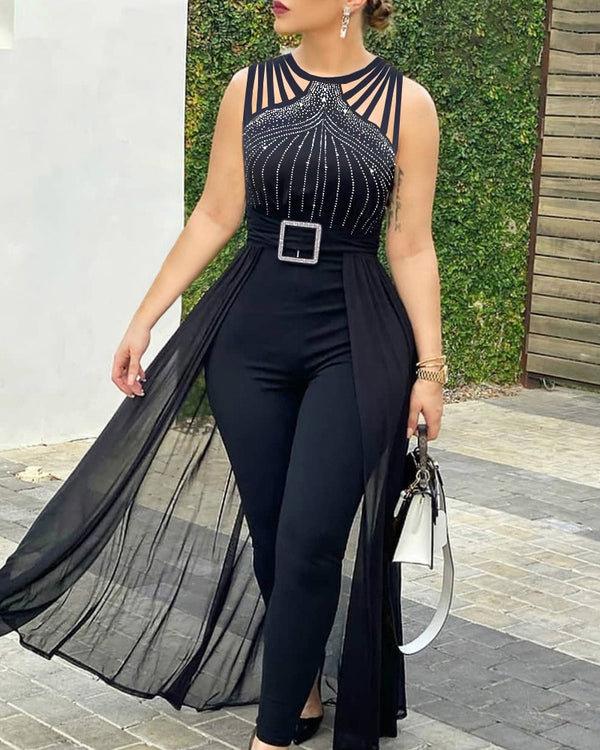 Summer Women's Sexy Round Neck Rhinestone Sheer Mesh Sleeveless Jumpsuit with Belt New Fashion Rompers Jumpsuit