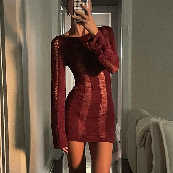 Puloru Sexy Knitted Cutout Short Dress Spring Summer Backless Long Sleeve Round Neck Wrapped Mini Dress Solid