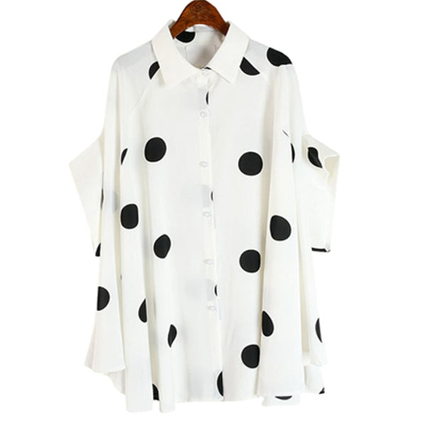 Plus Size Big Dot Irregular Loose Blouse Streetwear Single Breasted Button Up Batwing Three Quarter Sleeve Blusas Shirt Tops