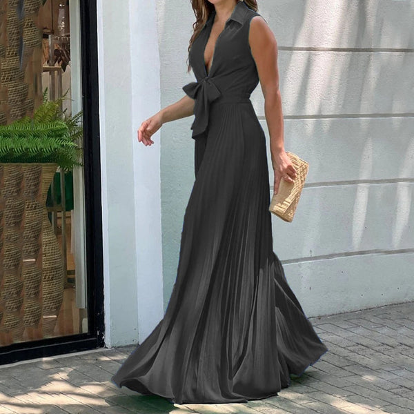 Solid Pleated Jumpsuit Summer Fashion V Neck Sleeveless Lace Up Loose Wide Legs Pants