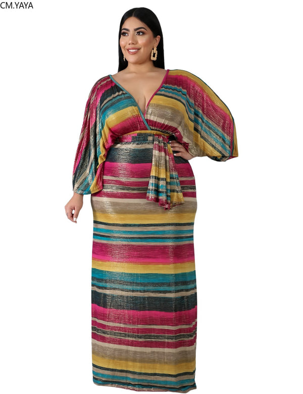 CM.YAYA Autumn Plus Size Women Rainbow Striped Print V-neck Batwing Sleeve Bodycon Midi Maxi Long Dress Vestidos