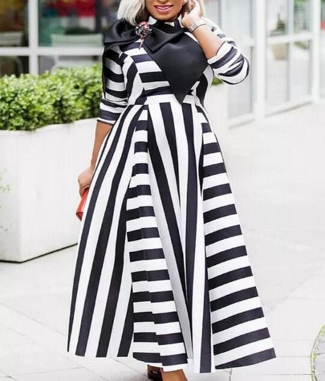 Maxi Dress Women High Waist Big Swing Robes Gown With Bow Fashion New Stripe Print Elegant Streetwear African Long Dress