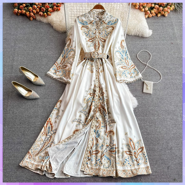Spring Autumn Women's Dress Vintage Long Sleeve Print Floral High Waist Boho Party Maxi Vestidos Elegant Luxury Long Dresses