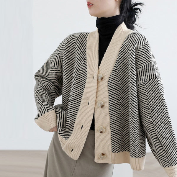 Vintage Knitted Cardigan Women Striped Loose V Neck Sweater Coat Autumn Winter Female Fashion All-match Knit Coat