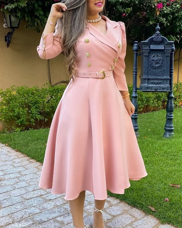 Puff Sleeve Double Breasted Belted Blazer Dress elegant high-quality A-Line Midi Plain