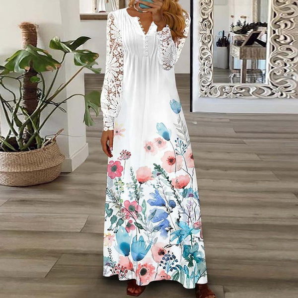 Spring Fashion Pattern Print Long Dress Casual Hollow Long Sleeve V-Neck Dress Commuter Loose Lace