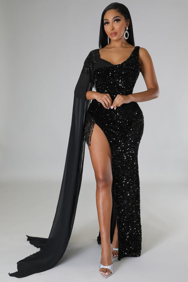 Sequined One Mesh Clock Sleeve High Side Slit Tassel Bodycon Midi Maxi Long Evening Sexy Party Club Dresse