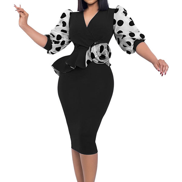 New Polka Dot Printed Plus Size Dress Three Quarter Sleeve Bag Hip Lady Black Pencil Skirt Sexy Fashion Robe