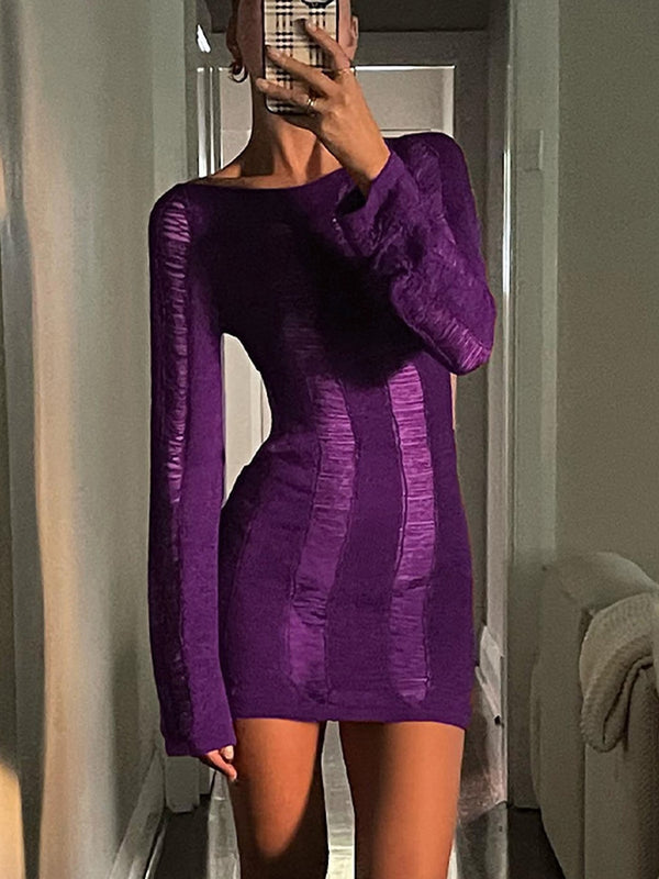 Puloru Sexy Knitted Cutout Short Dress Spring Summer Backless Long Sleeve Round Neck Wrapped Mini Dress Solid