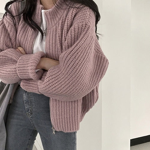 Zipper Sweater Jacket Autumn Winter Loose Long Sleeved Knitted Cardigan Soft Comfortable Warm Female Top