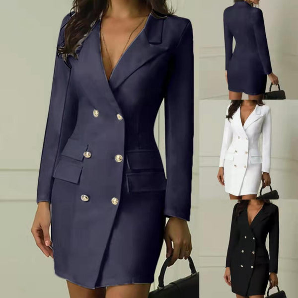 Elegant Double Breasted Sashes Women Suit Dress Autumn Simple Office Lapel Mid Long Sleeve Slim Waist Female Dress