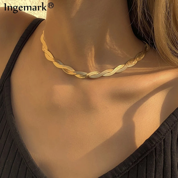 Ingemark Unique Twisted Chunky Flat Snake Chain Necklace for Women Sexy Vintage Clavicle Choker Grunge Jewelry Gift Bijoux